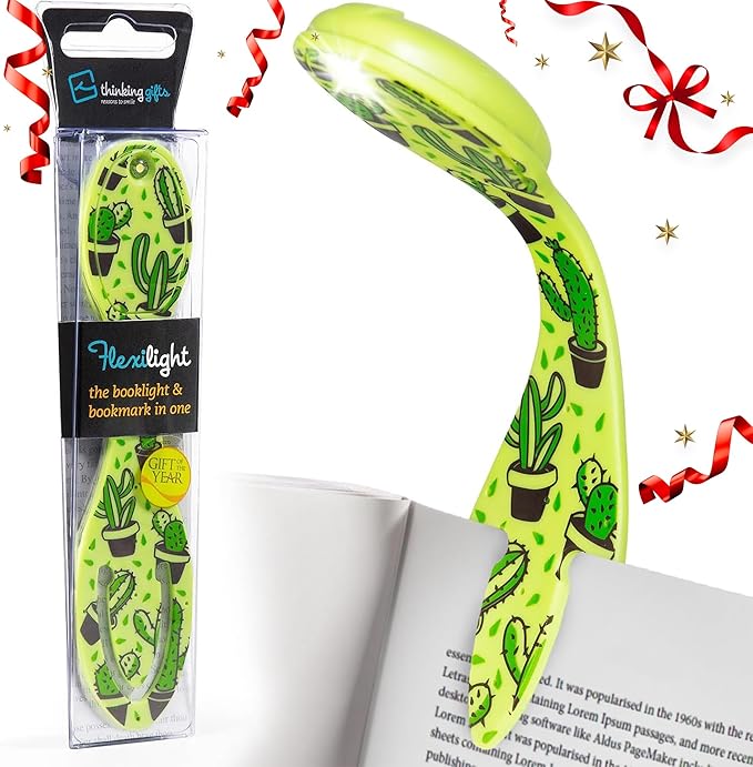 Gifts for Readers & Writers Book Light, Clip On Reading Light for Bed, 2in1 Flexilight & Bookmark, Small & Lightweight with a Soft Glow, 2 Batteries Included, Cactus