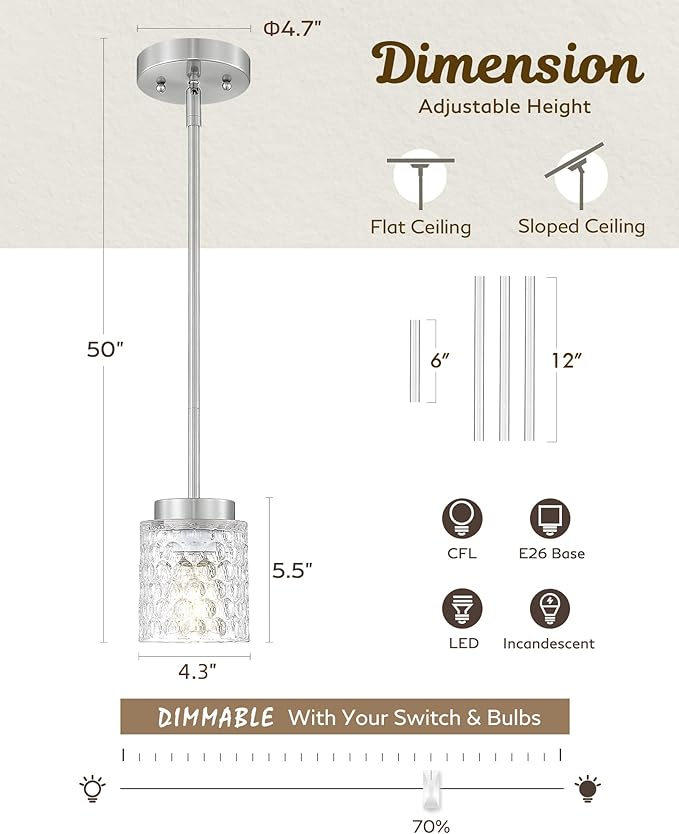 FEMILA Hammered Glass Pendant Lights, 4" Mini Pendant Lighting for Kitchen Island, Bedroom, Living Room, E26 Base, Brushed Nickel FIninsh, 4FY86MIL BN