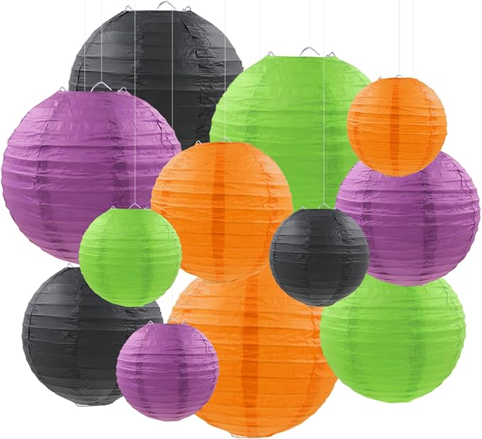 Halloween Paper Lanterns Black Purple Orange Green Halloween Party Decorations for Birthday Baby Shower Bachelorette Wedding Bathroom Hanging Supplies (12 PCS)
