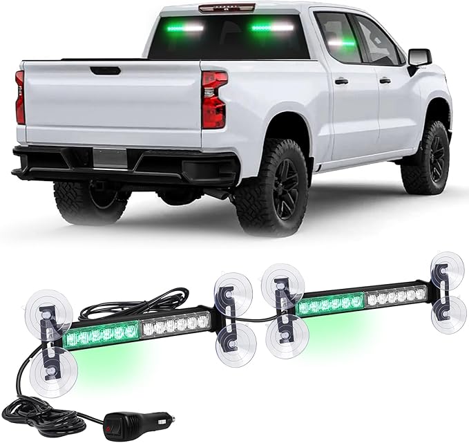 XRIDONSEN 2x 10.7 inch Green White Emergency Lights 24 LED Strobe Light Bar Warning Flashing Safety Dash Side Window Front/Rear windshield Lights Traffic Advisor for Firefighter Vehicles POV Trucks