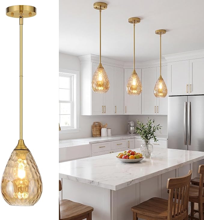 Glass Pendant Lights Kitchen Island, 1-Light Modern Brushed Gold Pendant Light Fixtures with Hammered Amber Glass and Rods, Small Hanging Light for Kitchen Sink Dining Room Bathroom