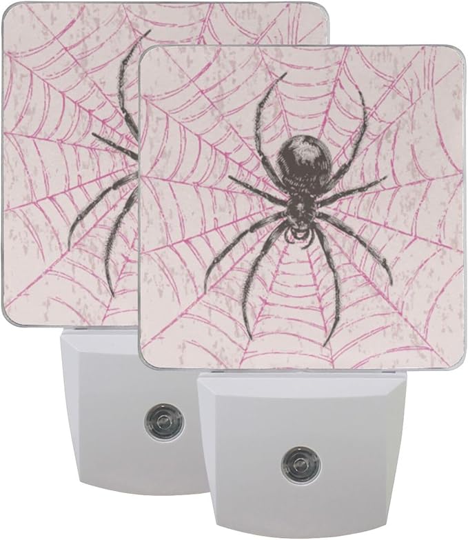 Black Spider on Pink Web Night Light Dusk to Dawn Sensor LED Night Dimmable Nightlight Lights Plug into Wall for Living Room