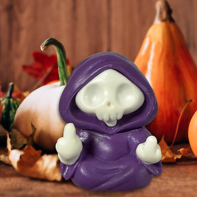Halloween Skull Figurine Spooky & Cute Ghost Statue Halloween Ghost Statues, Cute Mini Middle Finger Skeleton Sculpture for Holiday Desk Office Table Ornaments Decoration