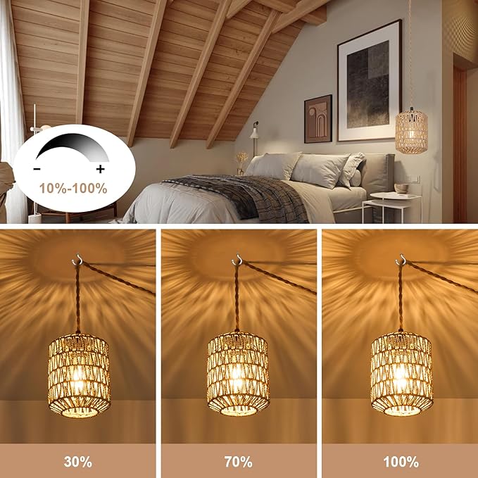 Plug in Pendant Light with 6W LED Bulb Warm Light(3000K) Dimmable Switch Cute Rattan Hanging Lamp Cord 15ft Hand Woven Plug in Chandelier Boho Hanging Lights Fixture for Bedroom Kitchen