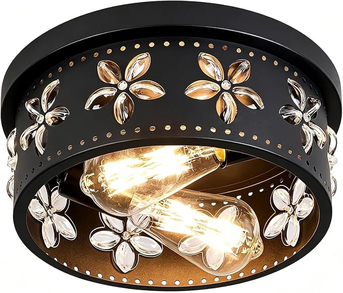10.6 Inch Black Flush Mount Ceiling Light Fixture | 2-Light, Flower, Farmhouse, Kitchen, Dining Room, Bedroom, Living Room, Foyer, Entryway