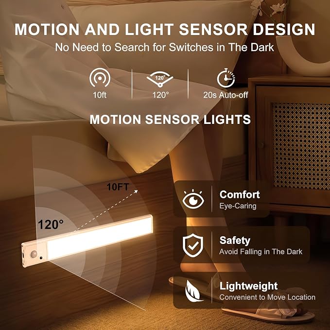 12 inch Under Cabinet Lighting 4 Pack, Wireless Motion Sensor LED Closet Light with Remote, USB-C Rechargeable, 3 Color Temperatures, Magnetic Mount for Kitchen Pantry Wardrobe Counter