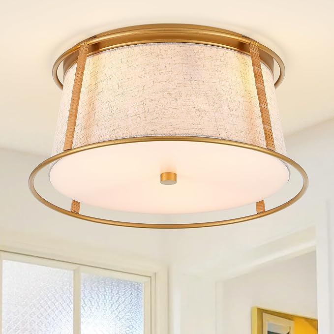 VILUXY Gold Semi Flush Mount Ceiling Light Fixture, 13’’ Modern Close to Ceiling Lights with Beige Fabric Linen Drum Shade 3-Light Round Ceiling Lamp for Bedroom Hallway Nursery Kids Room Entryway