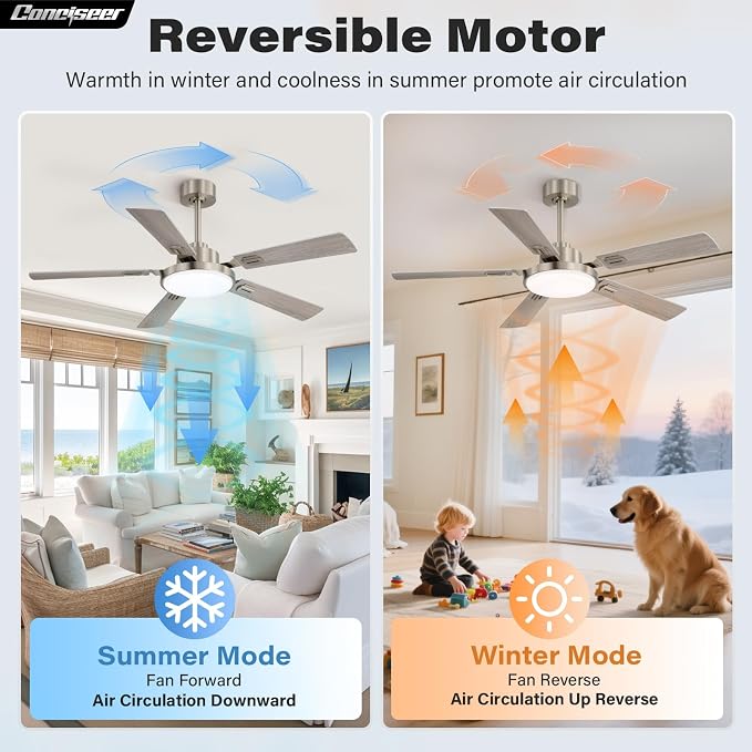 60 Inch Ceiling Fans with Lights and Remote, Bedroom Living Room Office Library Cafe Outdoor Industrial, 5CCT Dimmable, Dual Color 5 Blades, 6 Speed Reversible Quiet DC Motor, Sand-nickel/Wood Grain