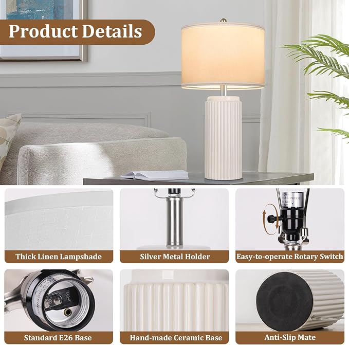 23.5’’ Beige Modern Ceramic Table Lamps Set of 2 for Living Room, Farmhouse Bedside Lamps with Upgraded White Linen Shade, Rustic Nightstand Lamps for Bedroom Home Office, Vintage End Table Dorm