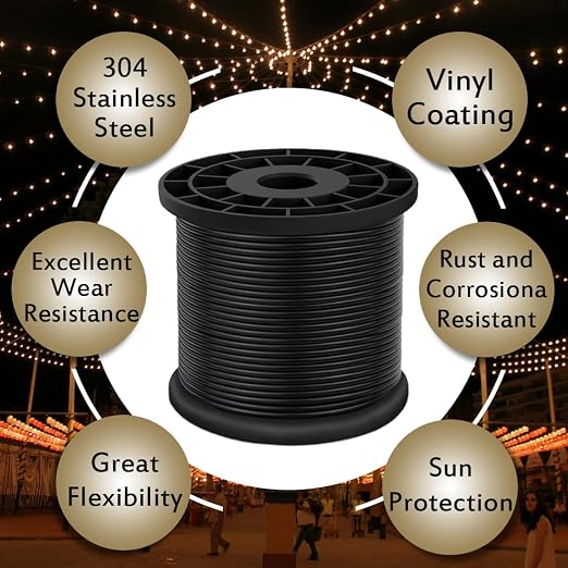 Vinyl Coated Wire Rope 304 Stainless Steel Coated Wire Cable-Black, 1/16" OD to 3/32" x 328FT, with 150 Pcs Crimping Sleeves-Cable for String Lights, Suitable for Clotheslines