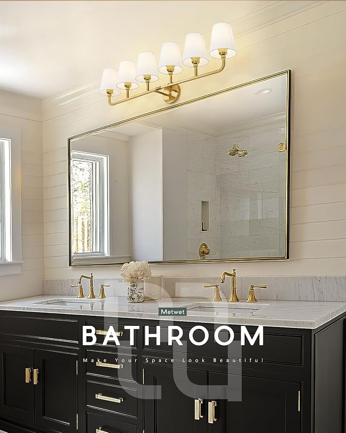 6-Light Brushed Gold Bathroom Vanity Light, White Fabric Shades | Ideal for 48-64" mirrors, 42" bathroom light fixtures over mirror, upward only, E26 base, bulbs not included, VL837-BG-6