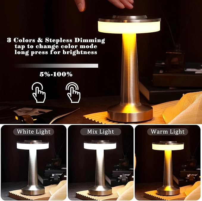 Riakrum 2 Pcs Silver LED Portable Cordless Table Lamp Bulk with Touch Sensor 3 Color Stepless Dimming Rechargeable Battery up to 15 Hours Cordless Table Light Wireless Lamp Wedding Home