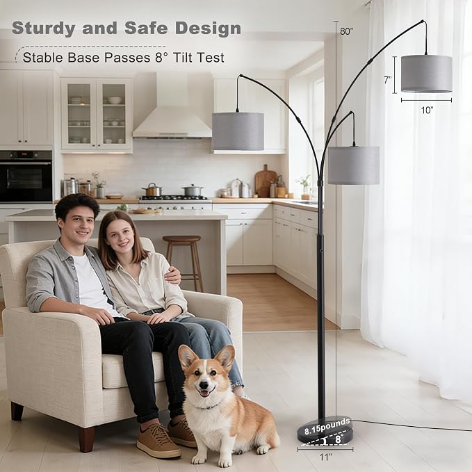 Floor lamp with Remote, 3 Light Arc Floor Lamps for Living Room, 2400LM Tall Standing Floor Lamps with Gray Shades, 80" Large Floor Lamp for Bedroom, Office