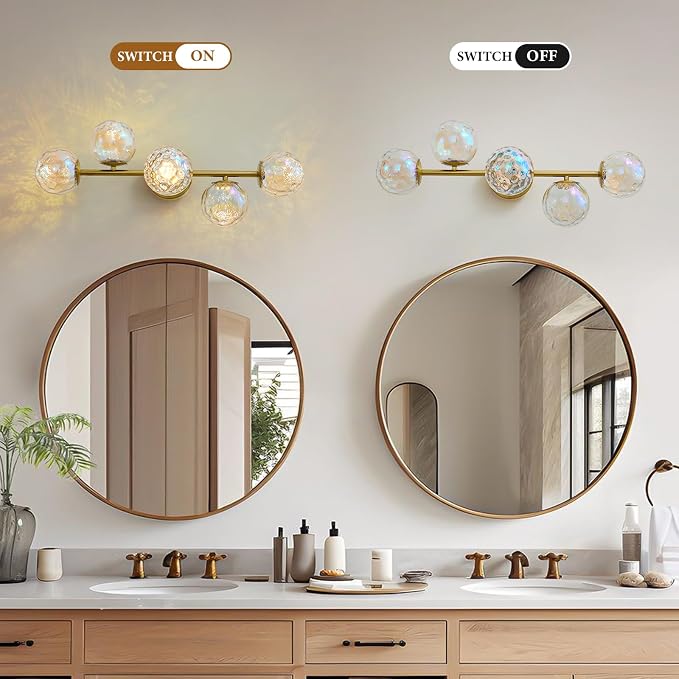 Brushed Gold LED Stained Hammered Glass Globe Bathroom Vanity Light | Colorful Water Ripple Light Effect, Decorative Stained Hammered Glass, Brushed Gold Finish, Built-In LED Source, mcm design