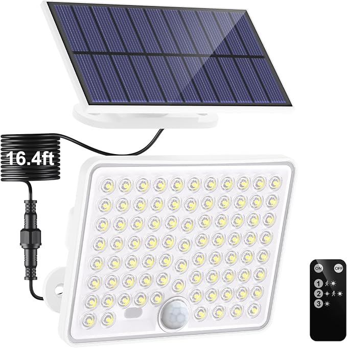 nipify Solar Lights Outdoor,3 Modes Solar Flood Lights Outdoor with Remote Control,IP65 Waterproof Solar Security Lights, 16ft Cable Solar Motion Lights for Outside Yard Garage Garden Dusk to Dawn
