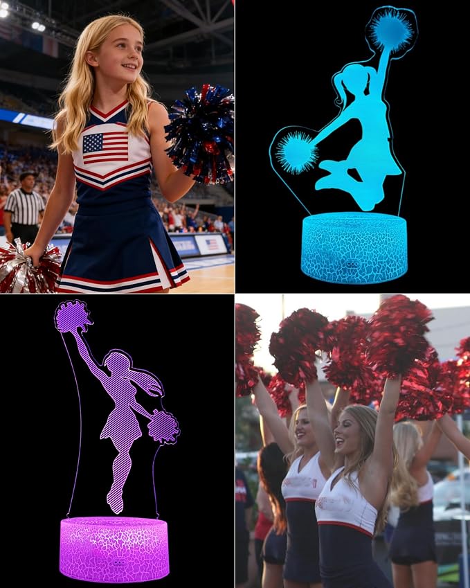 Cheerleader Gift 3D Illusion Night Light for Girls 2 Patterns | Cheerleading Lamp, 16 Colors Change, Dimmable, Touch & Remote Control, Room Bedroom Décor, Kid Teenager Birthday Christmas