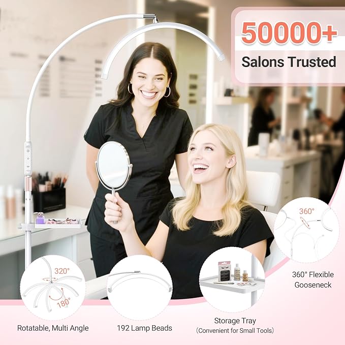 LIONVISON Half Moon Lash Light: 6500K LED Lamp Ring Light with Tray - 360° Flexible Gooseneck Durable Metal Stand - Salon Use for Lash Artists Eyelash Extensions (18In White)