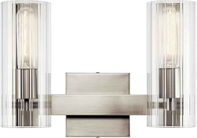 Kichler Jemsa 2 Light Vanity, Modern Light with Clear Fluted Glass in Brushed Nickel for Bathroom or Powder Room (9.75" x 13.75"), 55167NI