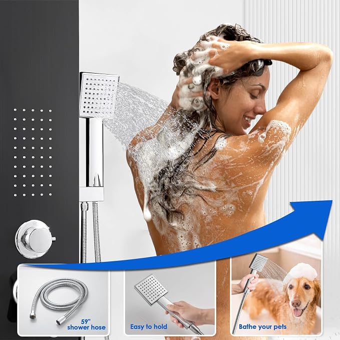 ROVOGO Shower Panel Tower System with 4 Shower Modes, 46.5", No Led Lights | Rainfall Shower Head, 2 Body Jets, Handheld and Tub Spout, Stainless Steel Shower Column with Brass Mixing Valve, Black