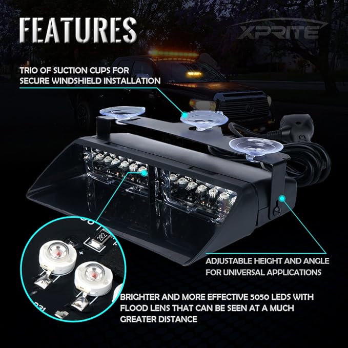 Xprite White LED Emergency Dash Strobe Light, Interior Windshield Safety Warning Flashing Lights w/Suction Cups, 12V Windshield Visor Light Bar for Police Law Enforcement Volunteer Vehicles Trucks