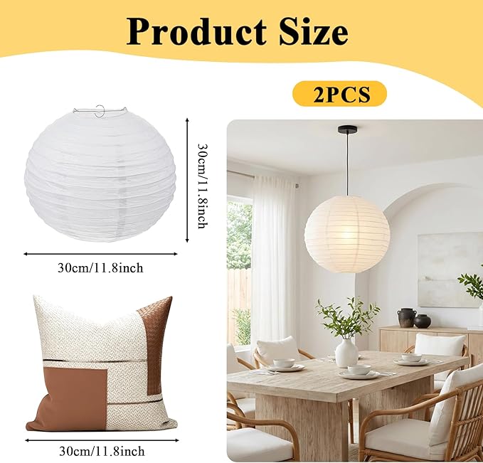 2Pcs Round White Paper Lantern Lampshade, 12"x12'' Chinese Japanese Round Hanging Paper Lantern, Small Papers Lanterns Pendant Light Shade for Wedding, Restaurant, Church, Birthday Party, Home Decor