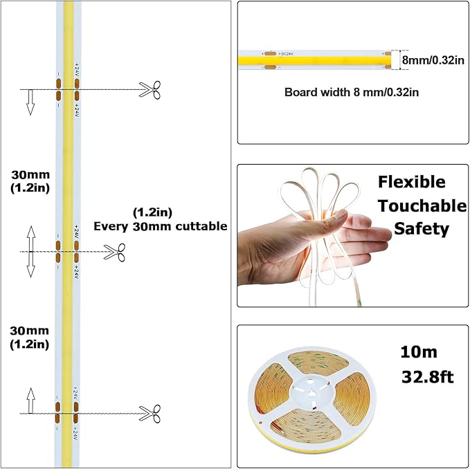 32.8ft(10M) 24V COB LED Strip Light Cool White 6000K 3840LEDs CRI 93+ 6800lm Uniform Glow Dotless IP20 Not Waterproof Flexible LED Tape Lights for DIY Cabinet Bedroom Home Decor(No Power Supply)