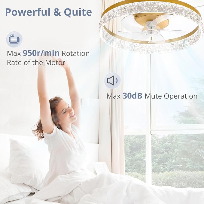 LEDIARY 22" Ceiling Fans with Lights and Remote, Fandelier Gold | 3CCT, 6 Speeds, Dimmable Low Profile, Flush Mount Ceiling Fan, Timer, Reversible, Memory, Bedroom, Living Room, Kitchen