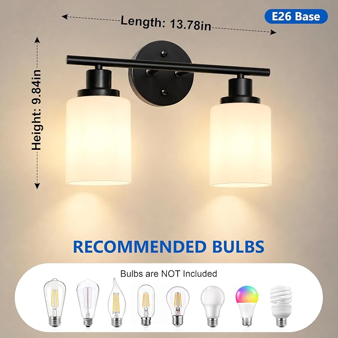 2 Light Bathroom Light Fixtures, Modern Vanity Lights with Milky Glass Shade, Black Wall Lamp Over Mirror for Bathroom, Living Room, Cabinet, Bedroom, E26 Base