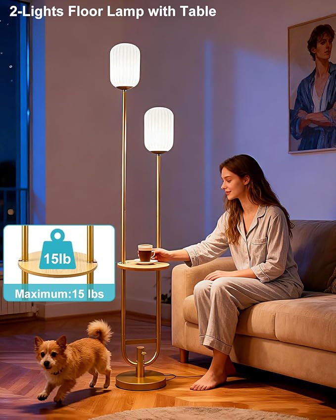 Lightdot 63IN Gold Dimmable Floor Lamp with Table, Mid Century Modern Tall Standing Lamps with 3000K Bulbs Included, Unique Vintage Floor Lamp for Living Room/Bedroom/Sofa Beside/Corner Decor