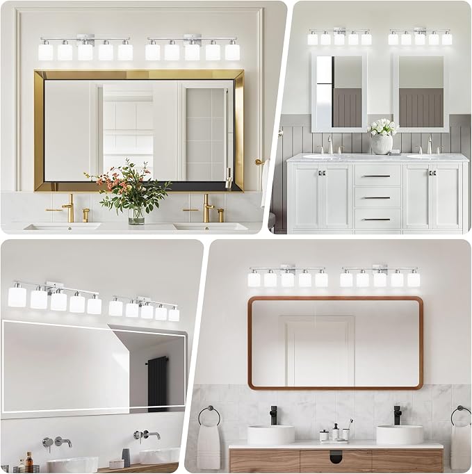 5 Light Bathroom Light Fixtures Brushed Nickel,Anti-Rust Finish Bathroom Vanity Light with Milky White Frosted Glass Shade for Mirror Bedroom Living Room E26 Base