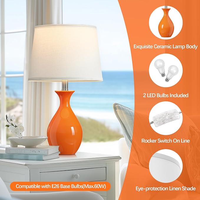 Table Lamp Set of 2, Modern Ceramic Bedside Lamps for Night Stands, Classic Small Lamp Nightstand Lamp for Bedroom Living Room Desk End Table Rocker Swtich Orange