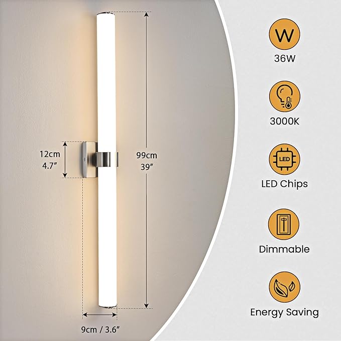 Bathroom Vanity Light Fixtures - 39 Inch Brushed Nickel Bathroom Lights Over Mirror, 36W 3000K Dimmable LED Vanity Light Bar Modern Wall Sconce Light for Mirror Living Room Gallery Hallway