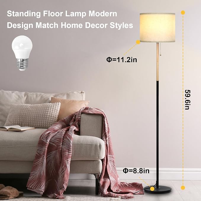Bedroom Floor Lamp Farmhouse Floor Lamps for Living Room Mid-Century Pole Lamp with Linen Lamp Shade, Standing Tall Floor Lamps for Bedrooms and Office (White+ Wood Black Pole)