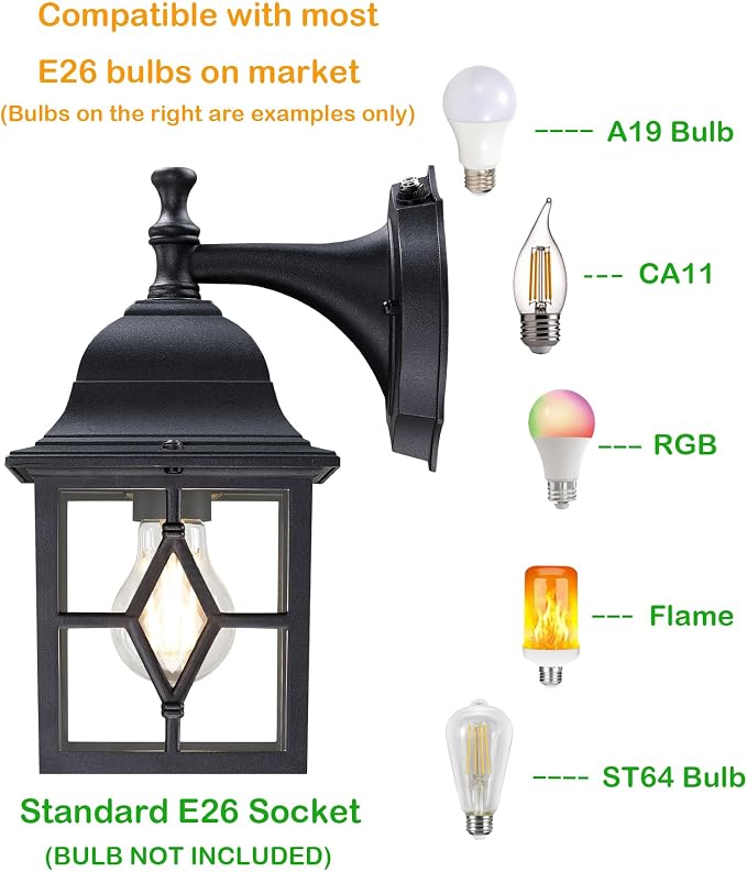 Outdoor Wall Light Fixture, Rustproof Aluminum, Glass | Dusk to Dawn Large Exterior Porch Light Wall Sconce Lantern for House, Patio, Garage, Waterproof, E26 Socket 60W Max, Black