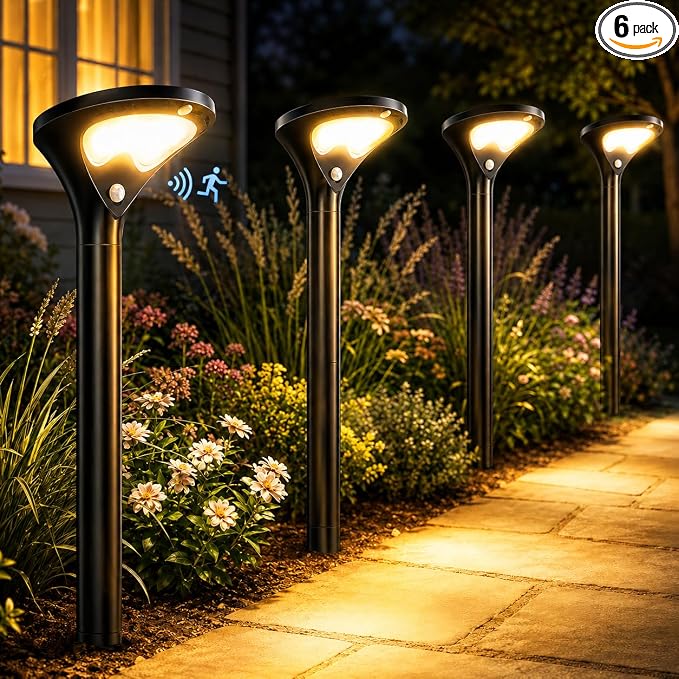 Garpar 400LM Solar Pathway Lights with Motion Sensor, Tempered Glass Panel | 26 LEDs, 3 Modes, Waterproof, 1500mAh Battery, Larger Solar Panel, 3 Height Options for Garden Yard Walkway Driveway Path