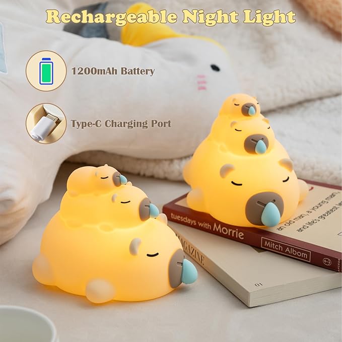 Night Light for Kids, 3 Cute Capybara Silicone Night Lamps with Timer, 3 Levels Dimmable Night Light, LED Bedside Night Lamp, USB Rechargeable Portable Animal Nightlights for Boys Girls Decor (Family)