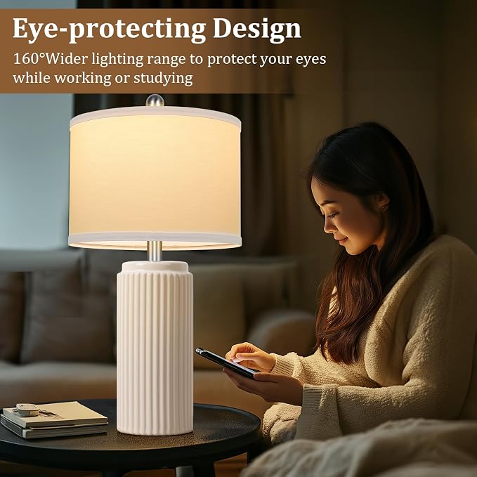 23.5" Cream Ceramic Table Lamps Set of 2, Modern Nightstand Lamps | Bedside Table Lamps with White Linen Shade, Ideal Size, Farmhouse Home Decor for Living Room Bedroom Office End Table Dorm