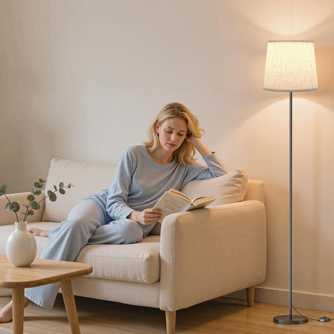 Dimmable Floor Lamp with Linen Shade for Living Room | Dimmable LED Standing Lamp with Remote & Foot Switch, Modern Floor Reading Light for Bedroom Office Corner