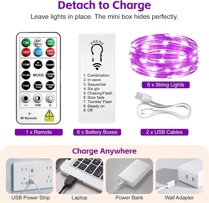 6 Pack Rechargeable Fairy Lights,7ft 20LEDs, Remote & DIY Timer | Dimmable Silver Wire, Mini Twinkle Lights, For Mason Jar, Indoor Christmas Bedroom Wedding Decor, Purple
