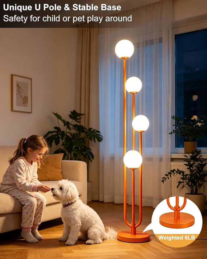 Lightdot Orange Globe Floor Lamp 4-Lights Dimmable Floor Lamps with 3000K Bulbs Included Unique Mid Century Modern Tall Standing Lamp with 5Lbs Heavy Base for Living Room/Bedroom/Sofa Beside
