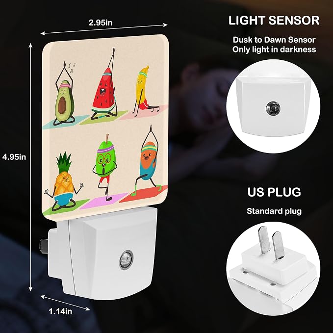 LED Night Light Lamp with Smart Sensor Dusk to Dawn Sensor,Fruit and Vegetables Doing Yoga Night Light Daylight White,0.5W Plug-into Wall for Adults,Bedroom,Bathroom,Hallway,Kitchen