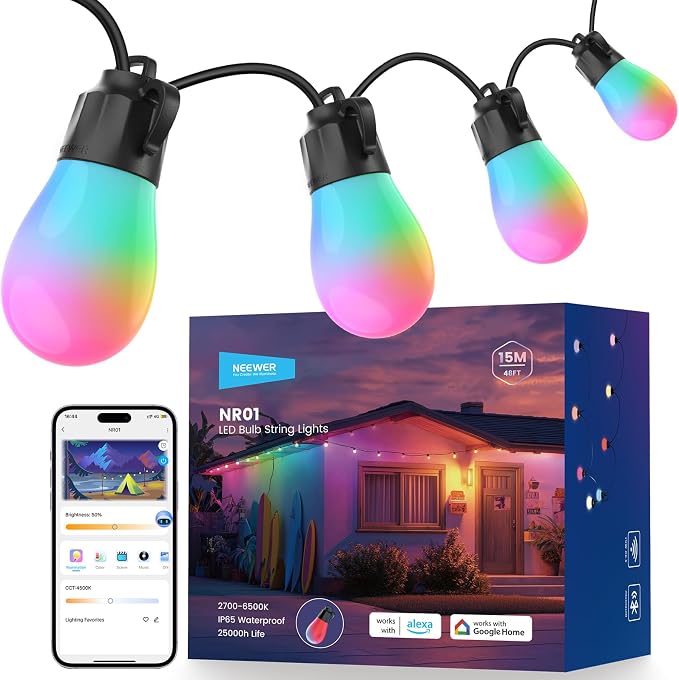 NEEWER 48ft Outdoor String Lights, App Control Smart AI RGBW Hanging, NR01 | Outside Patio Balcony Backyard Holiday Lighting, IP65 Waterproof, 15 LED Bulbs, 50+ Scenes, Compatible with Alexa Google