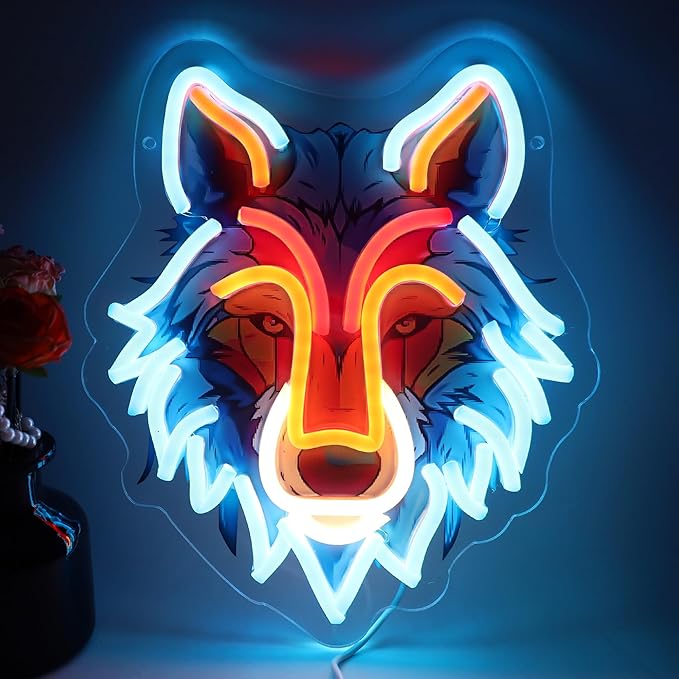 Wolf LED Neon Sign with Printed Backboard, Wild Animal Wall Decor, USB Powered Neon Light for Man Cave, Game Room,Boy Room, Bedroom & Modern Home Decor Holiday Birthday Gift