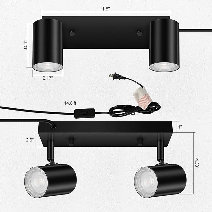 2 Light Track Lighting Kit,Black 2 Way Modern Plug in Ceiling Spotlight,Industrial LED Wall Light for Kitchen Cabinet Gallery Bar Hallway Living Room,Rocker Switch,15 Foot Cord(No Bulb)