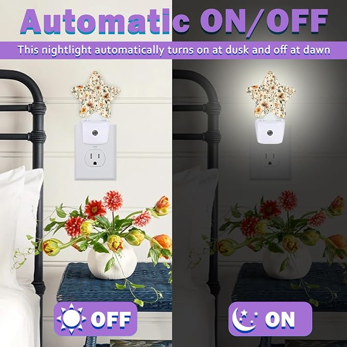 Rustic Wildflower Night Lights Plug Into Wall Decorative,Vintage Floral Sleep Friendly Lamp, Energy Efficient Dusk-to-Dawn Sensor Nightlights for Kid Bedroom Nursery Bathroom