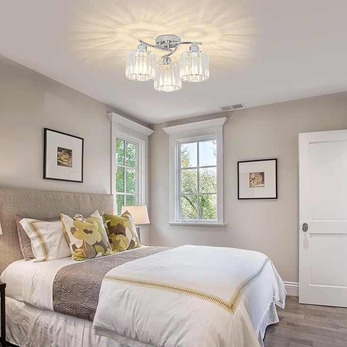 Crystal Close to Ceiling Light Fixtures,3-Light Chrome Modern Semi Flush Mount Ceiling Light,Kitchen Light Fixture with Clear Crystal Shades,Hallway Lighting Fixture for Entryway Bedroom Bathroom