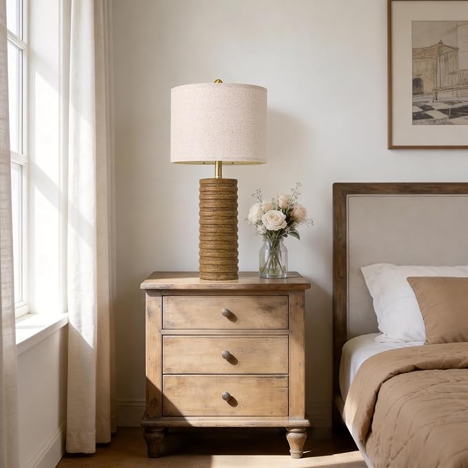 PoKat Farmhouse Table Lamps Set of 2 for Living Room, 27'' Tall Retro Ceramic Bedside Lamps with Linen Lampshade for Bedroom, Vintage Wood-Like Rustic Nightstand Lamp Office Sideboard Hallway (Brown)