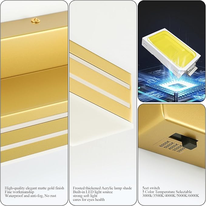 Ralbay 31.5inch Gold Vanity Light with 5 Color Temperature (2700K-6000K) Dimmable Acrylic Metal 30W LED Modern Matte Gold Bathroom Light Fixtures