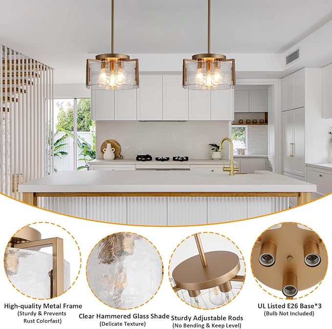 Gold Chandeliers for Dining Room Light Fixture, Foyer Lighting Fixtures Pendant Lights Kitchen Island, Adjustable Glass Modern Farmhouse Chandelier for Entryway, Bedroom, Bathroom, Foyer, Living Room