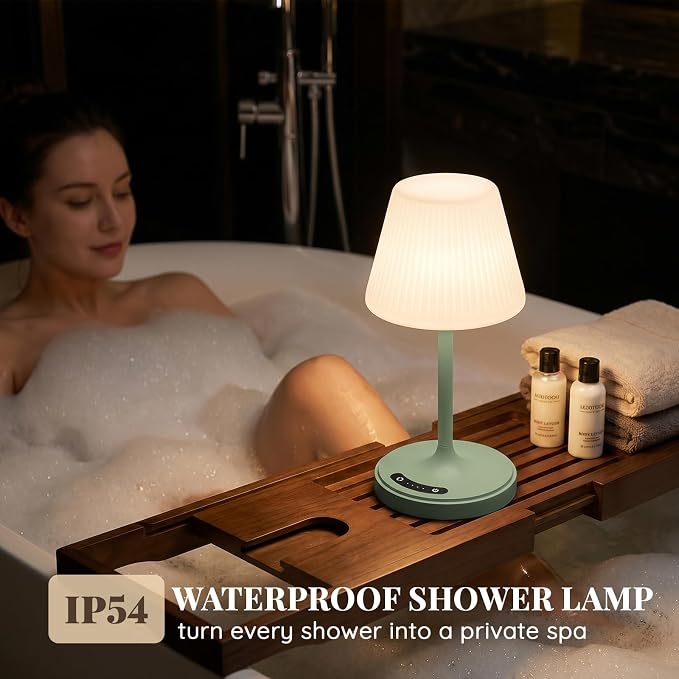 Waterproof Shower Lamp Outdoor Cordless Table Lamp, 3-Color Dimmable -Green | 4000mAh, touch, weighted base, bathroom shower light, patio dinner, RV camping, charge your phones, memory night light